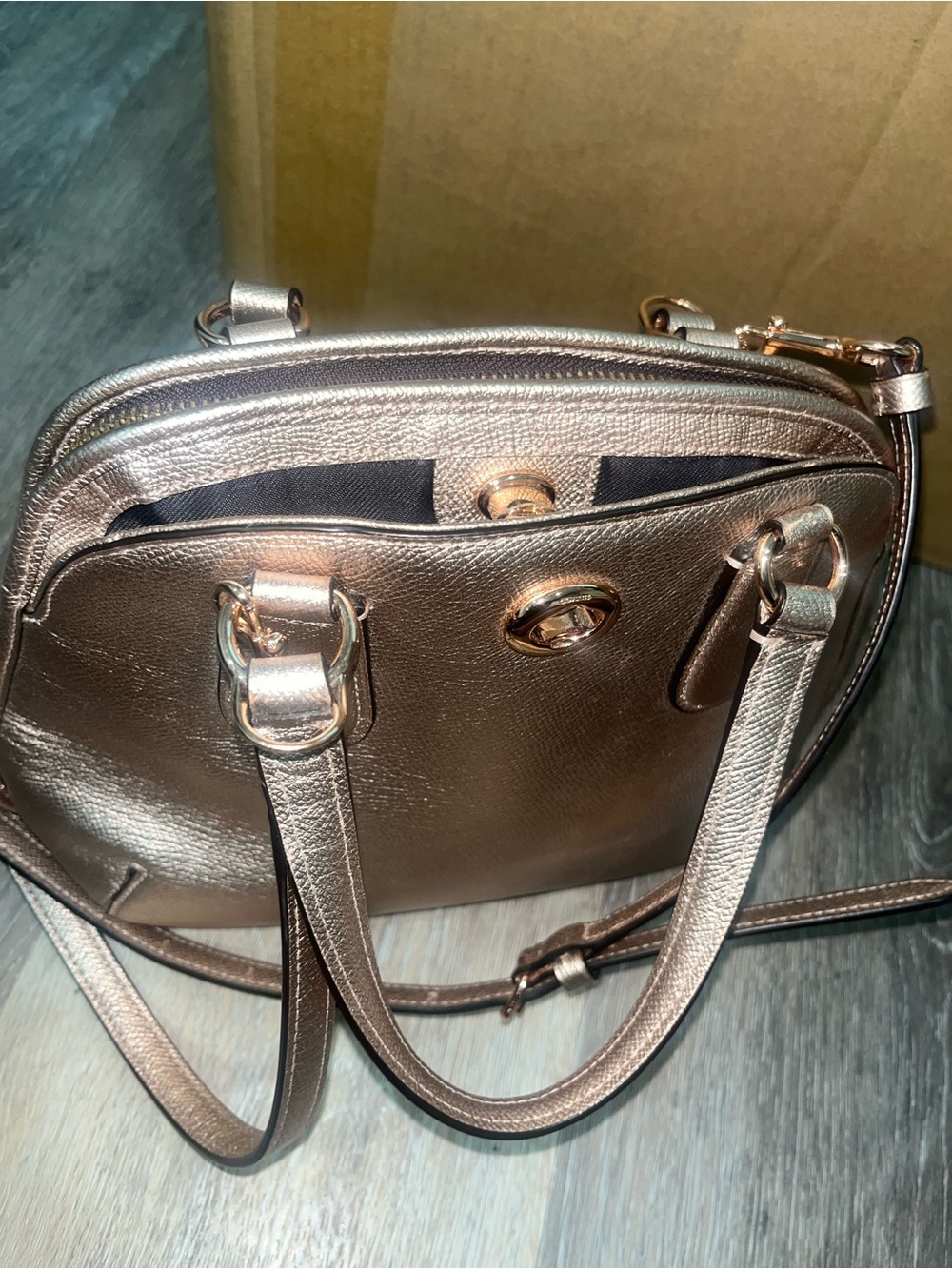 Coach Prince Street Mini Satchel in rose gold metallic leather. Turn lock. - Picture 12 of 17